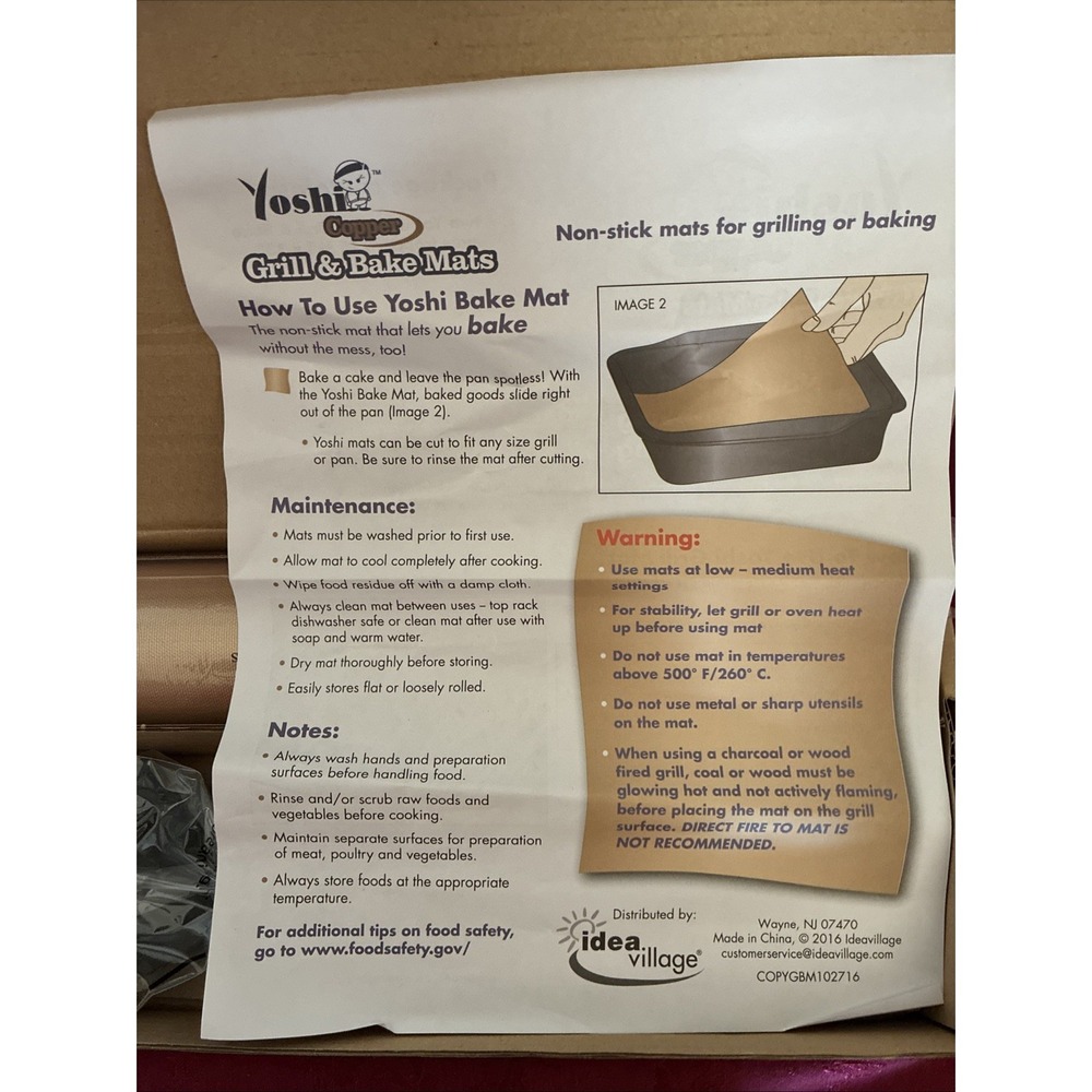 NIB Yoshi Copper Grill and Bake Mats (Set of 3) Plus Plastic Fork And Spatula